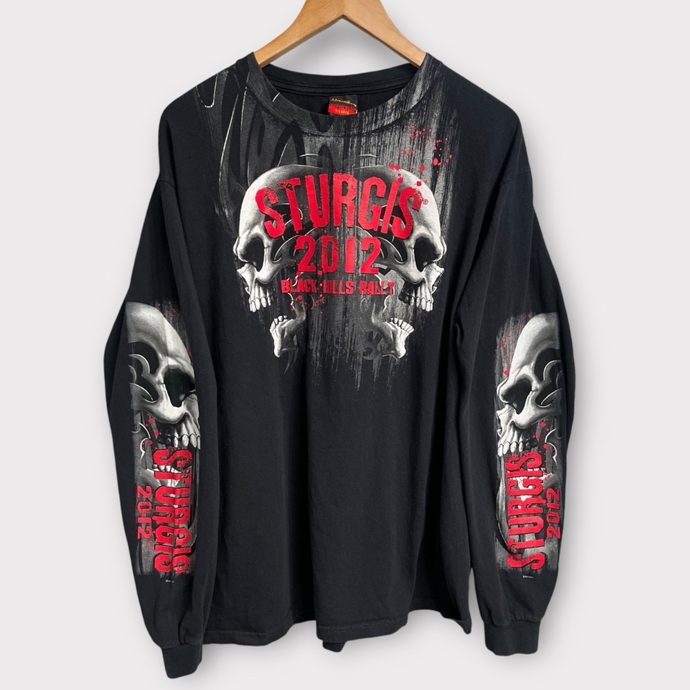 Sturgis 2012 Black Hills Motorcycle Rally Shirt Skull Flame Sleeve Hot Leathers
